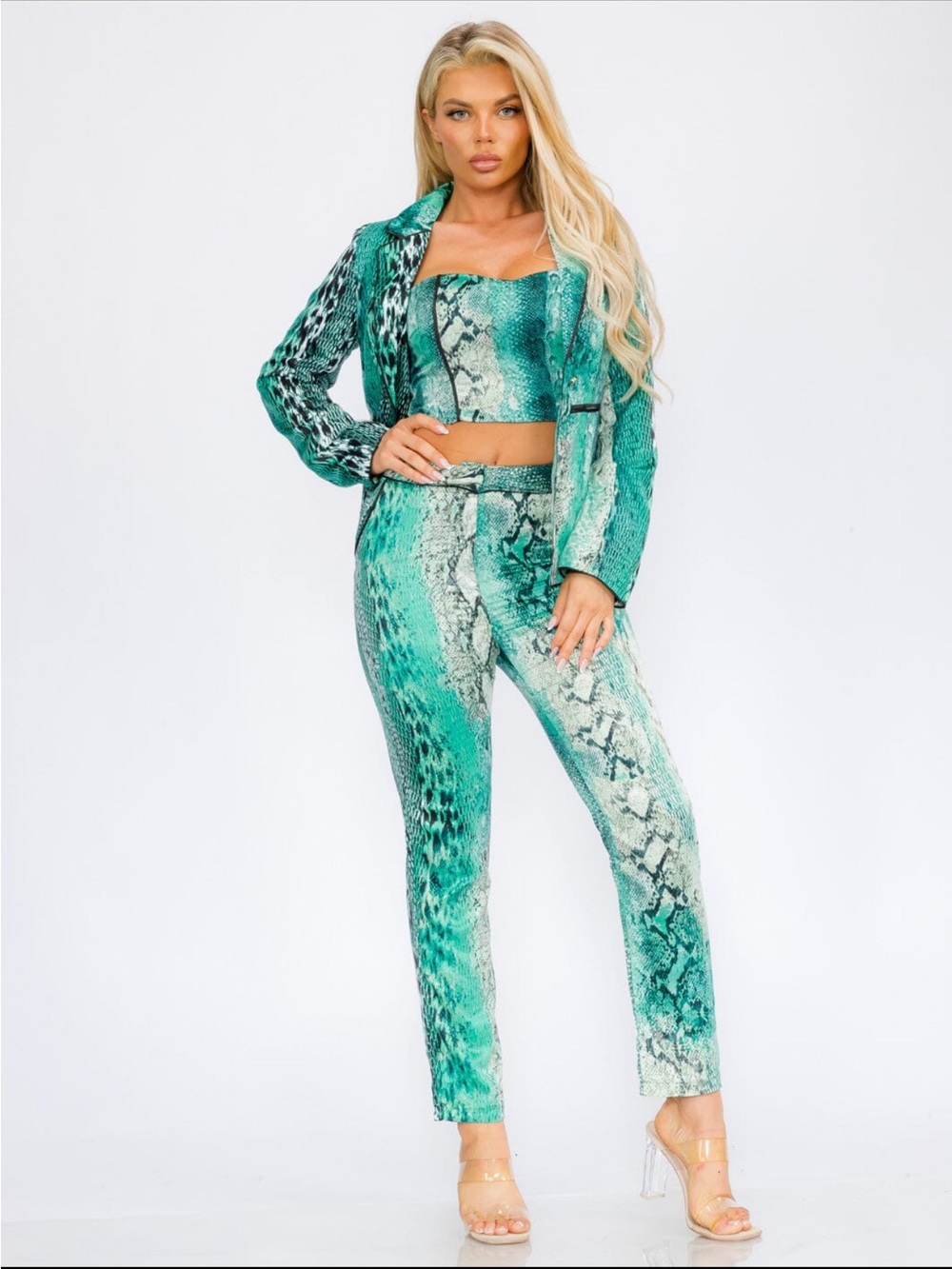Green Snake-Print High-Waist Pants - Women Pants 3 piece suit